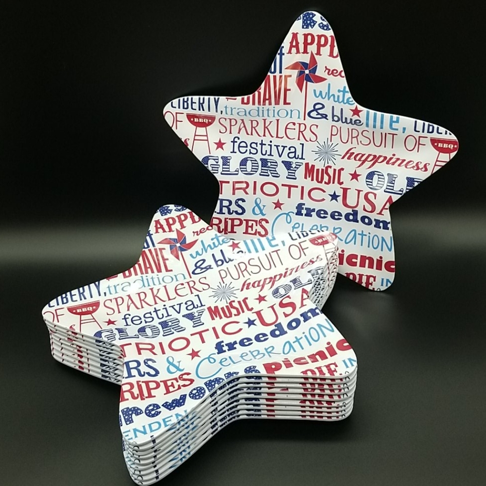 10 Star Shaped Red, White, and Blue Patriotic Words Melamine Plates